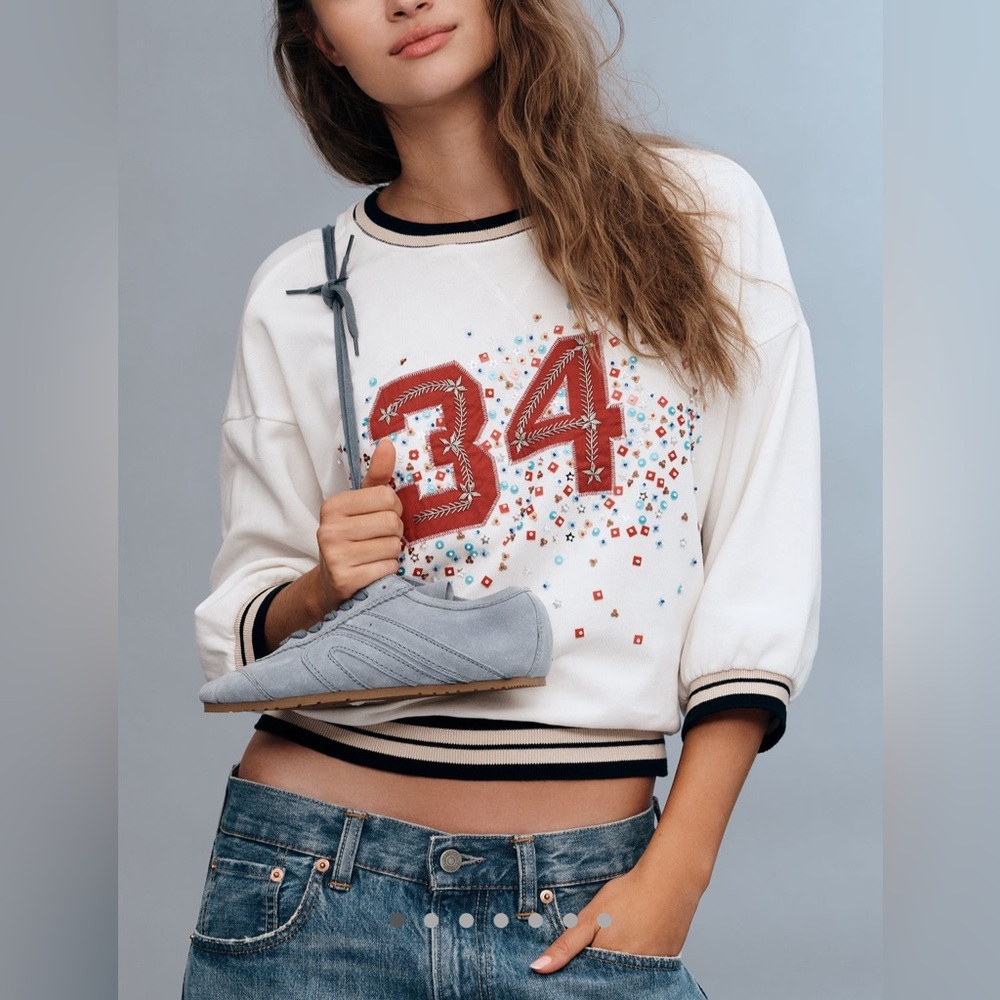 Pilcro White Pullover Sweatshirt with Red '34' Embellishment